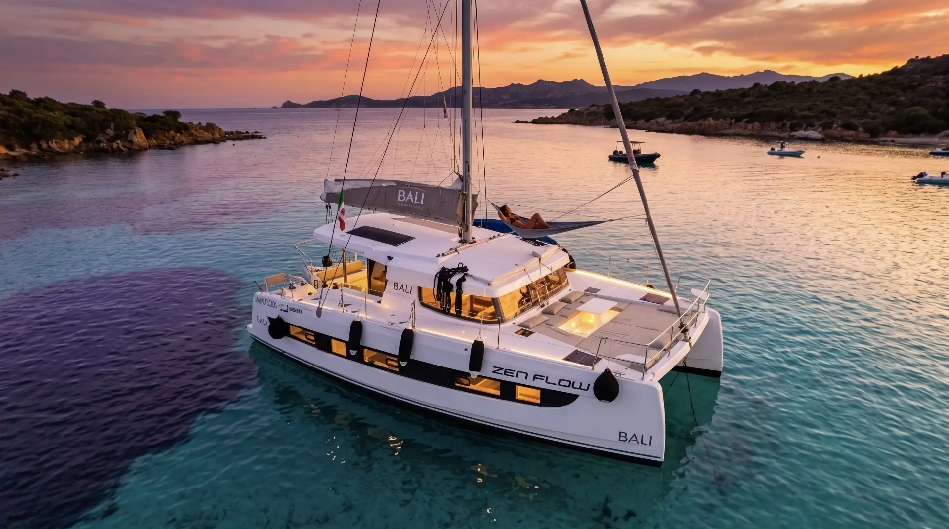 Catamarano di lusso ancorato all'alba