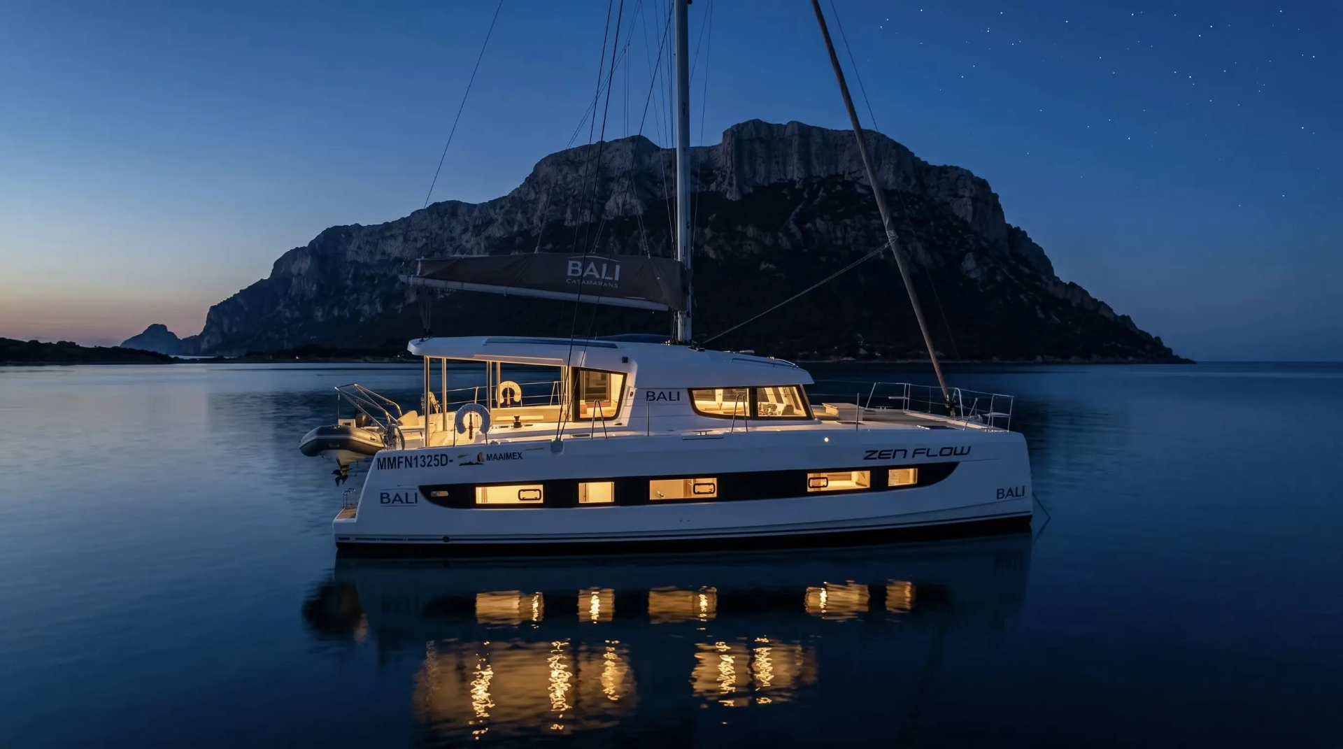 Catamarano all'ancora sotto Tavolara di notte