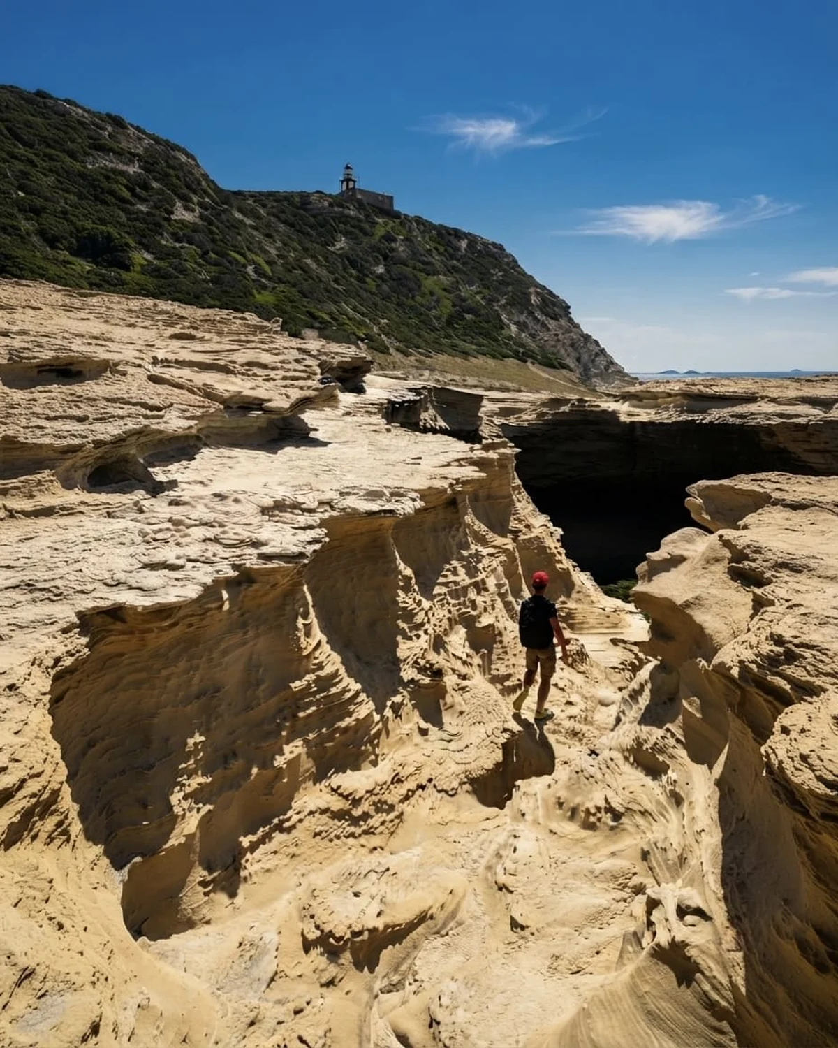 Escursionista tra le rocce calcaree scolpite dal vento, con il faro sul promontorio