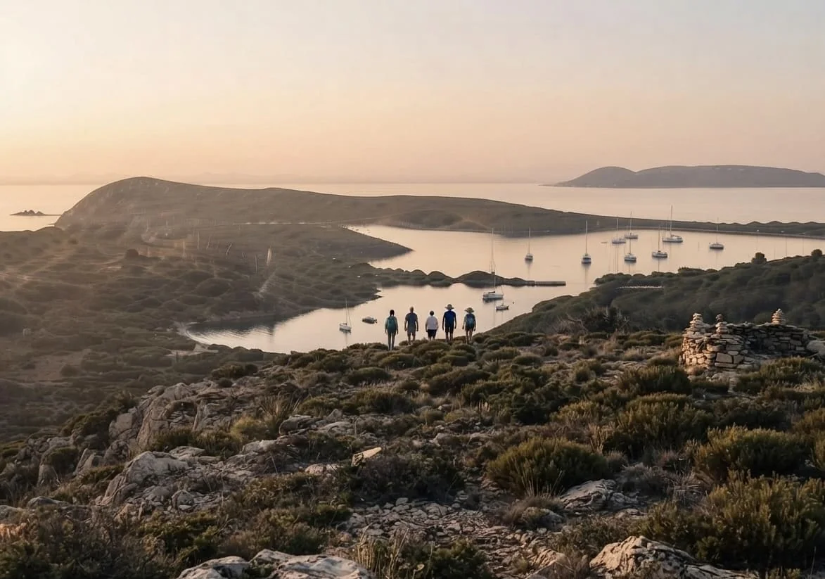 Camminatori sul crinale con vista su una baia e le barche all'alba